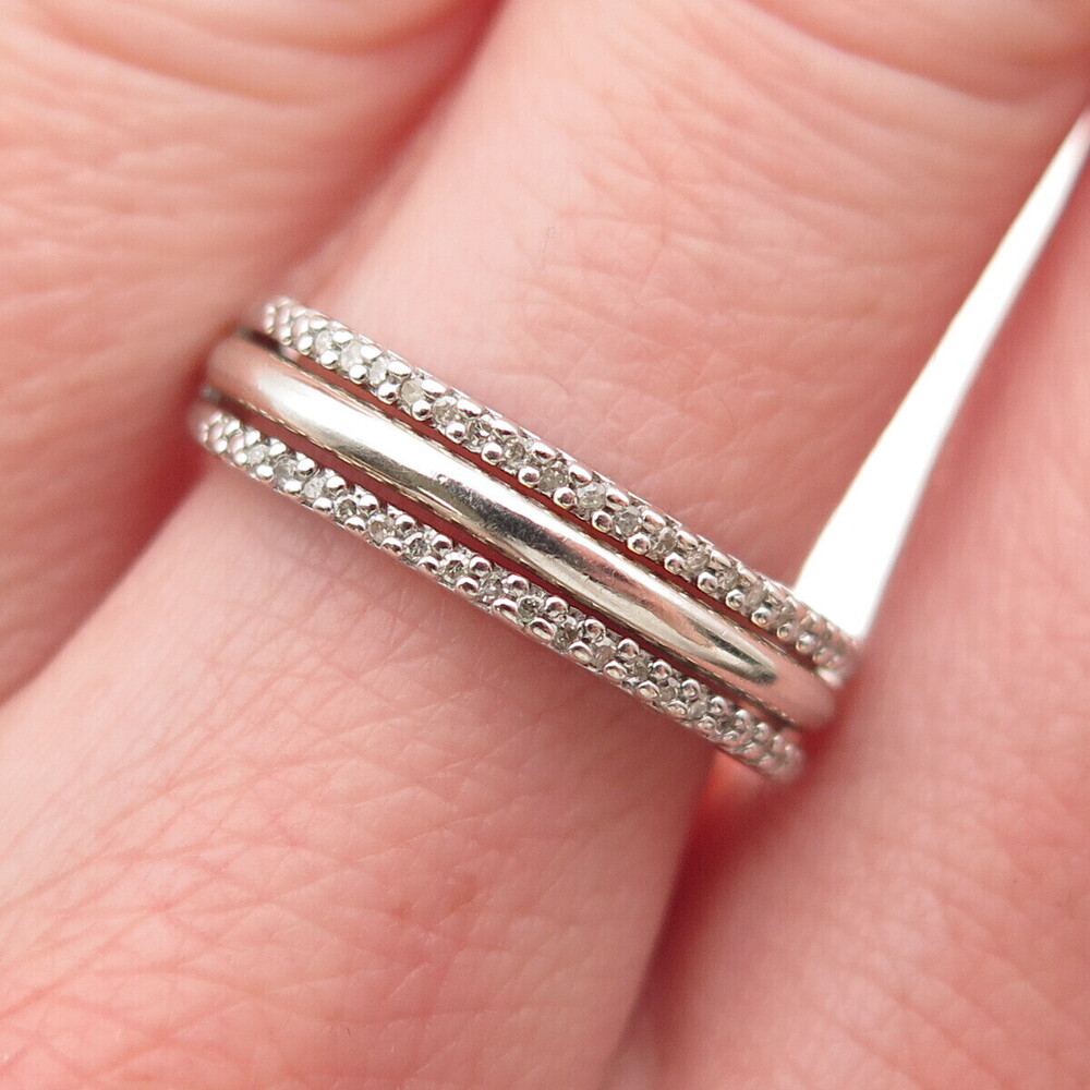 SUN 925 Sterling Silver Real Round-Cut Diamond 3-Row Ring Size 7